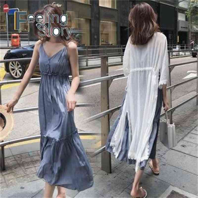 2 Pieces Women Summer Dress Plus Size Spaghetti Strap Blue 3/4 Sleeve Lace Cardigan Robe Femme Vestidos Arrival 210603, Gray blue
2 Pieces Women Summer Dress Plus Size Spaghetti Strap Blue 3/4 Sleeve Lace Cardigan Robe Femme Vestidos Arrival 210603, Gray blue