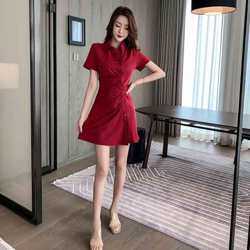 Summer Chic Folds Women Shirt Dress Korean style Short Sleeve Button Up Ladies Plus Size Turn-Down Collar Female Robe 210521