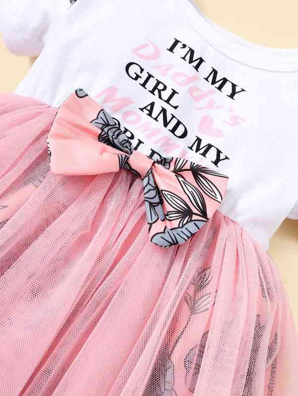 Baby Floral & Slogan Graphic Bow Front Ruffle Trim Mesh Hem Dress SHE