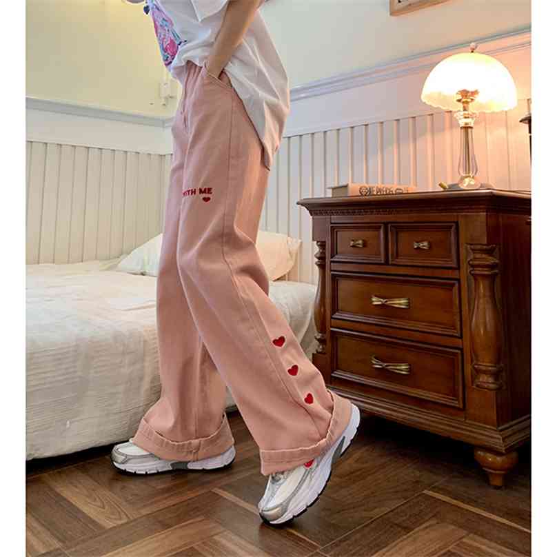 Women's Jeans Pink vintage Embroidery Streetwear High Waist Wide Leg Pants Baggy Harajuku Straight Mom Denim Trouser 210922