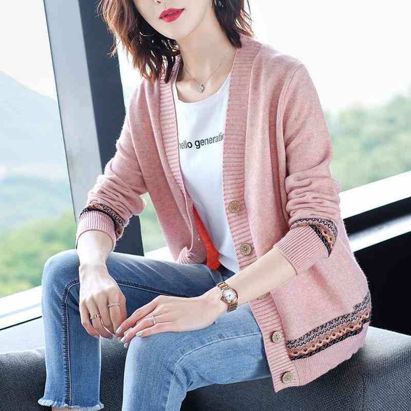 V-neck Striped Knit Stretch Sweater Female Color Matching Long-sleeved National Style Cardigan Single-breasted Women 210427