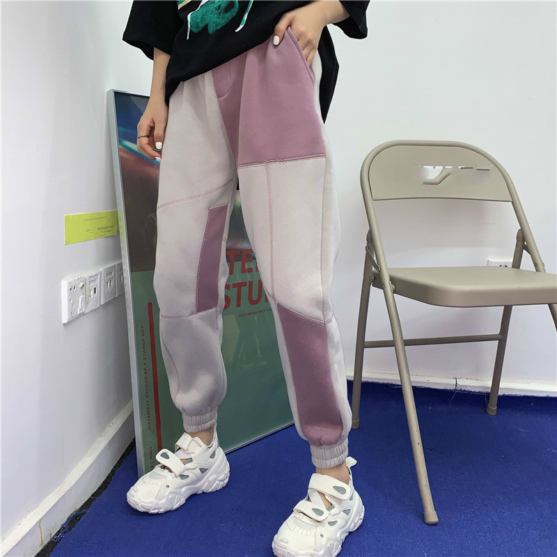 Nomikuma New Plus Velet Harem Pants Korean Hit Color Patchwork Women Trousers Causal Stretch High Waist Sweatpants 6C776 210427