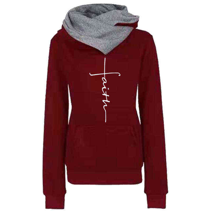Autumn Winter Hoodies Sweatshirts Women Faith Embroidered Sweatshirt Long Sleeve Pullovers Christmas Casual Warm Hooded Tops 211108