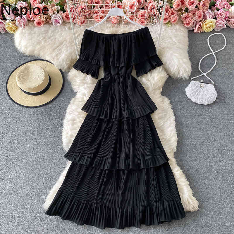 Neploe Women's Dress Slash Neck Pleated Long Vestidos Summer Sweet Ruffles Solid High Street Sexy Off Shoulder Thin Cake Dresses 210422