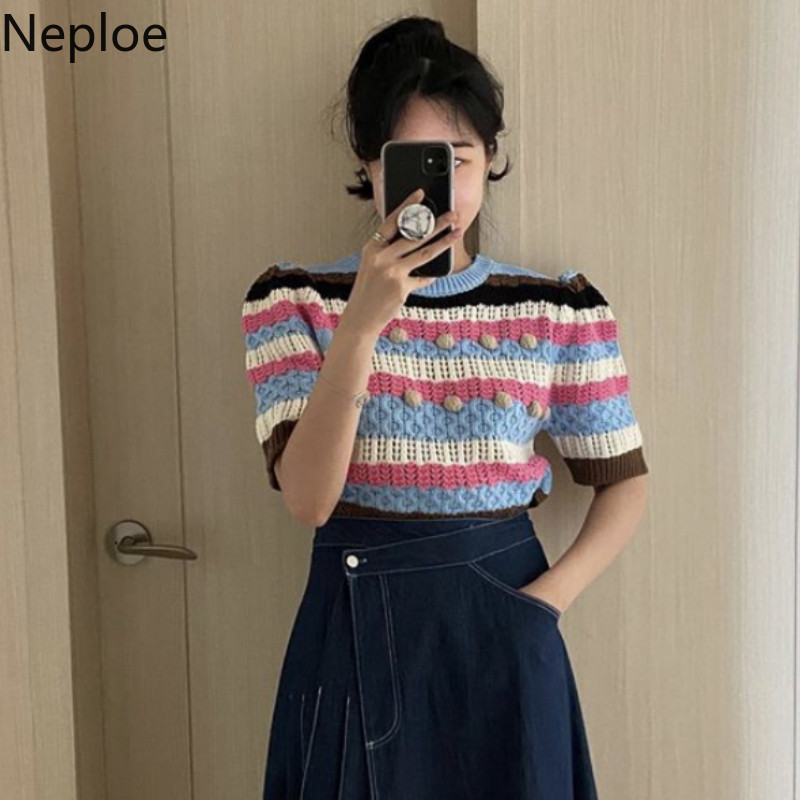 Neploe Knit Cropped T Shirt Women Summer Shirt Hollow Out Contrast Color Striped Tees Korean O Neck Pullover Short Sleeve Tops 210422