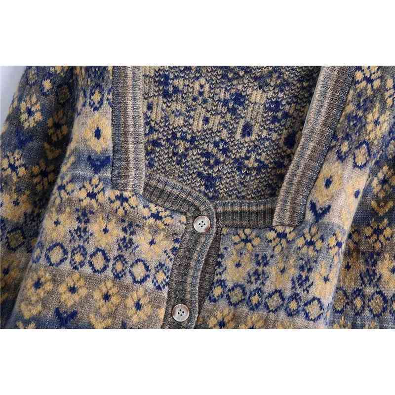 Vintage Women Floral Jacquard Sweater Fashion Ladies Knitted Short Coats Streetwear Female Chic Square Collar Cardigan 210527