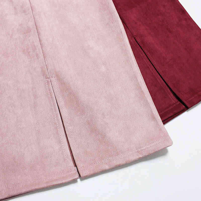 Women's High Waist Suede Skirt Pencil Knee Length Leather Suede Skirts Women Vintage Midi Brown Skirt Khaki Winter Office Wear 210421