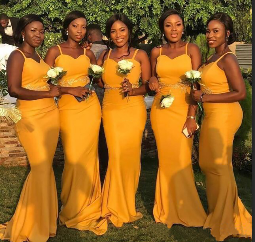 Yellow Mermaid Bridesmaid Dresses Spaghetti Appliques Sweep Train Garden Country Beach Wedding Guest Gowns Maid Of Honor Dress