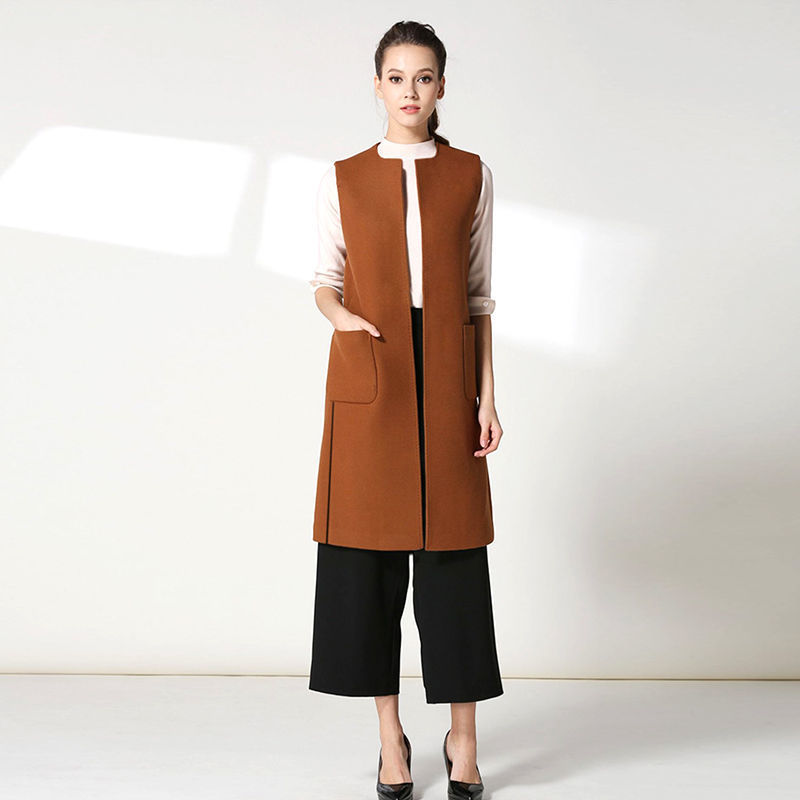 Plus Size Sleeveless Vest Cardigan Autumn Thin Woolen Women O Neck Pocket Hem Split Long Waistcoat Ladies Black Coats 210522