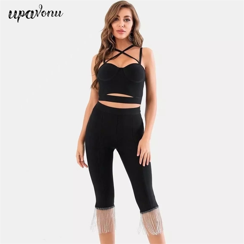 Free Diamond Tassel Bandage Pants Set Sexy Halter Short Vest & Tight Cropped Ladies Two-piece 210524