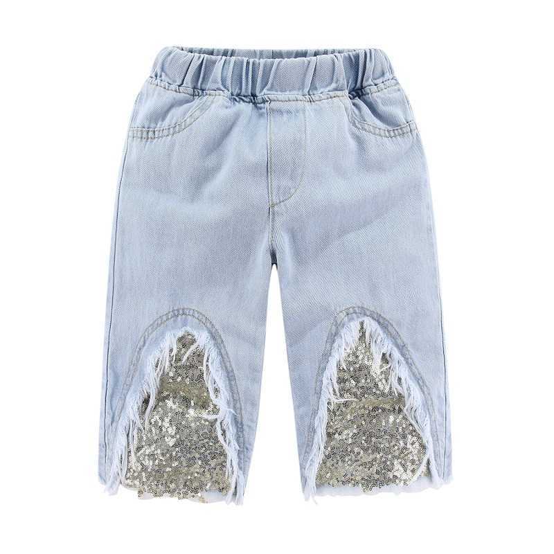 Mudkingdom Sparkly Sequin Girls Crop Jeans Fashion Wide Leg for Girl Summer Clothes Elastic Waist Toddler Cropped Denim Pants 210615