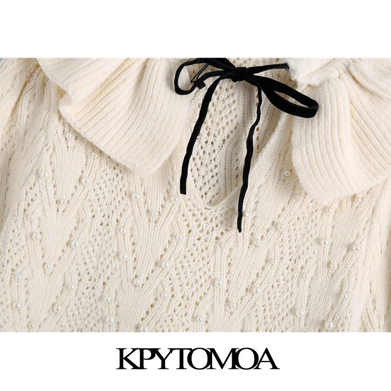 Women Fashion With Faux Pearls Knitted Sweater Bow Tie O Neck Puff Sleeve Female Pullovers Chic Tops 210420