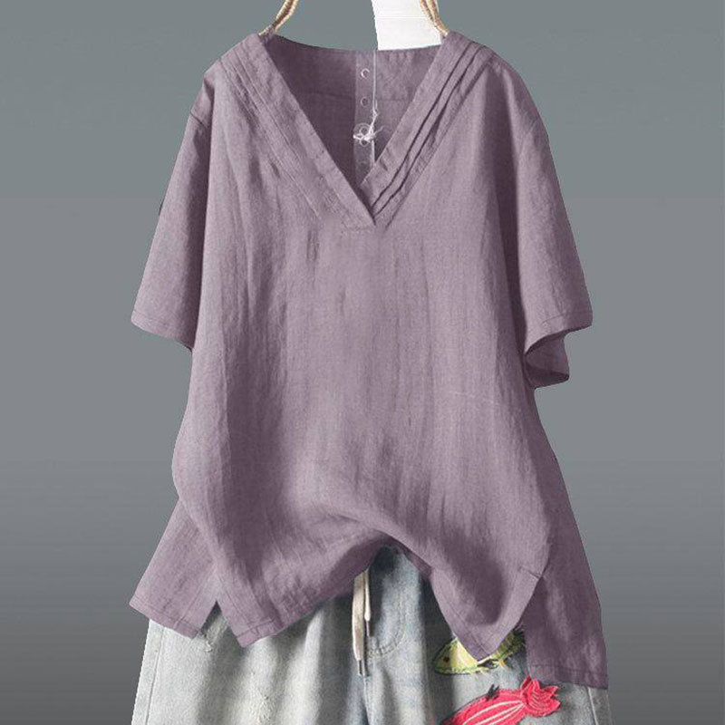 Summer Women Tshirt Plus Size Short Sleeve Casual Loose V-neck Tee Shirt Femme Irregularity Vintage Cotton Linen Tops D9 210512