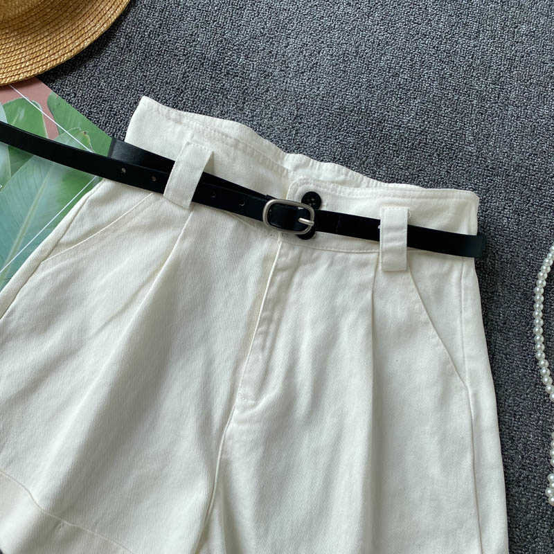 Woman Shorts Summer Belt High Waisted Bottoms Causal Solid Wide Leg Short Feminimos Pantalones De Mujer 6H532 210603