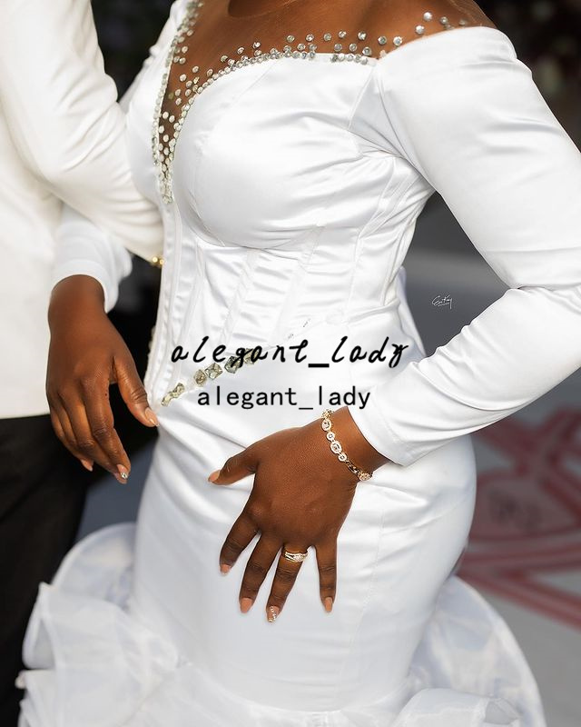 Plus Size Mermaid African Wedding Dresses 2022 Aso Ebi Arabic Sheer O-neck Long Sleeve Ruffles Clound Skirt Bridal Dress