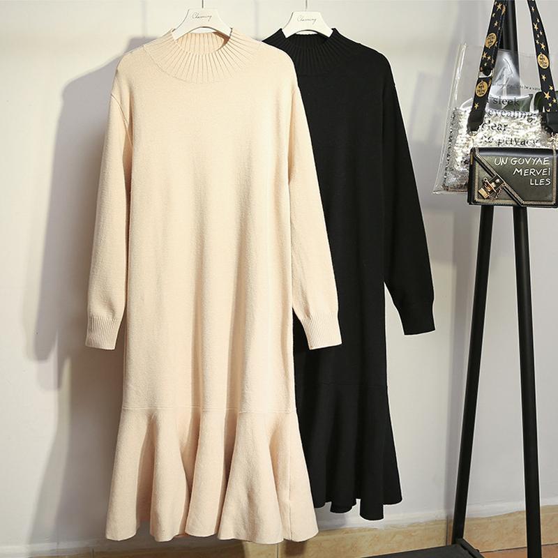 Large Female Autumn Knitted Dress Simple Mid-calf Round Neck A-line Preeey Style Ruff Solid Long Sleeves Loose Xl-4XL Casual Dresses