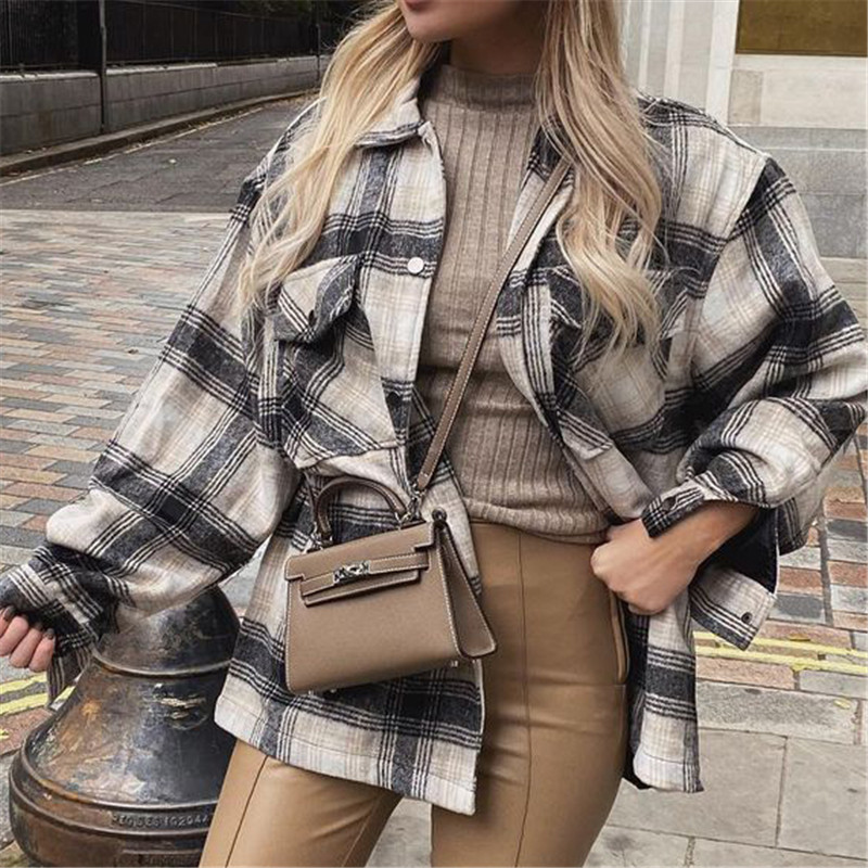 Women Casual Plaid Blue bsk Cotton Long Jacket Female Spring Fashion Single Breasted Loose Shirt Outwear Double Pocket 210421