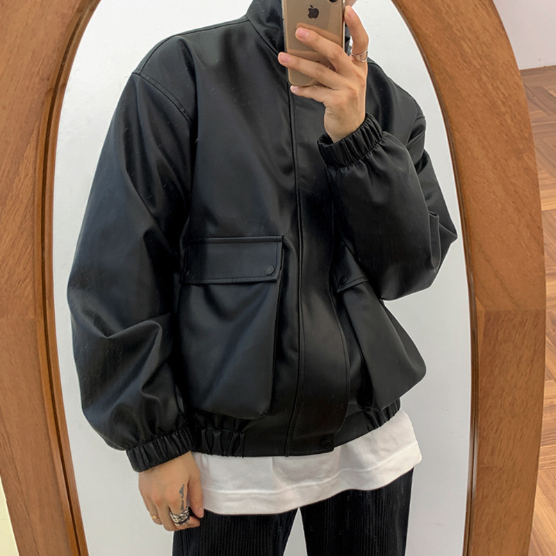 IEFB Spring Korean Fashion Loose PU Leather Men's Motorcycle Suit Pilot Jacket Zipper Stand Collar Short Coat Black 9Y5266 210524