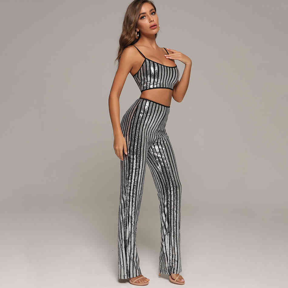 Free Fashion Women's Suit Sequined Spaghetti Strap Sleeveless Short Tank Top & Pants 2 Two Piece Set 210524