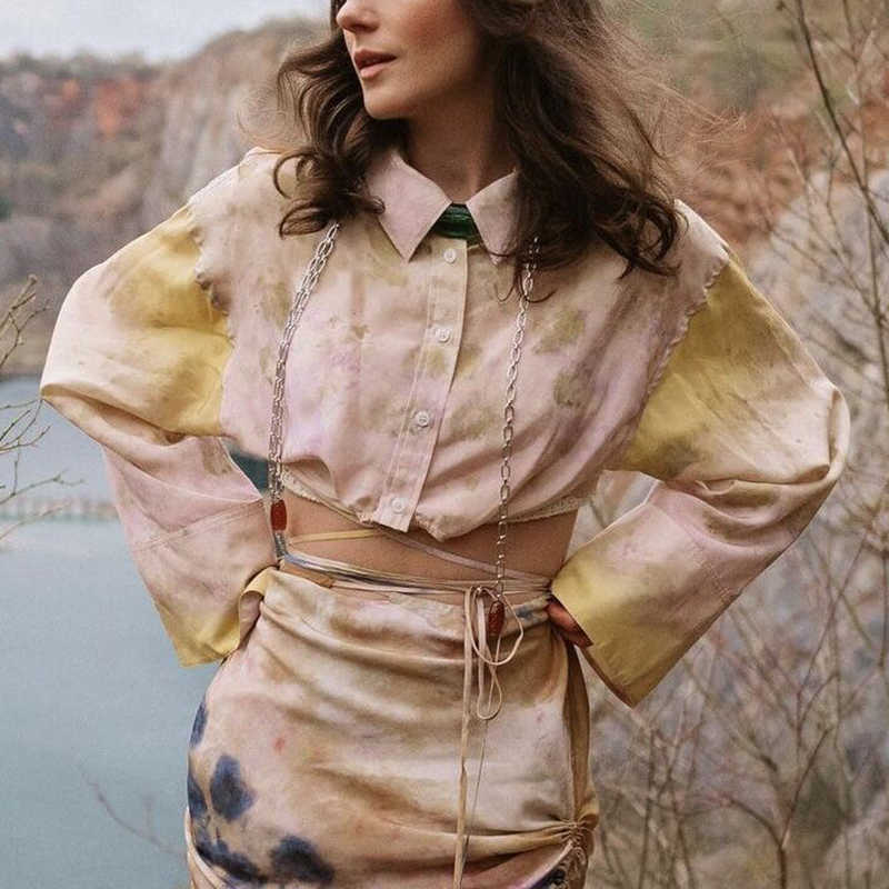 Vintage Women Tie-Dye Floral Blouses Summer Beach Fashion Ladies Loose Satin Tops Party Female Chic 210527