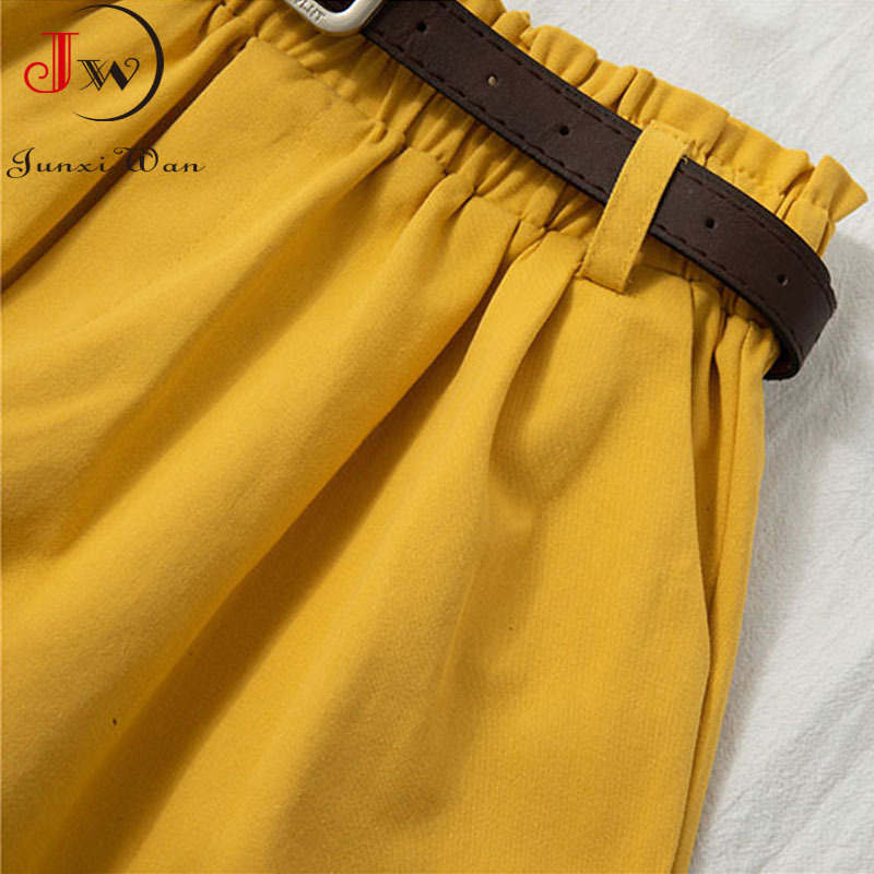 Women Summer High Waist Wide Leg Shorts With Belt Korean Fashion Solid Black White Yellow Cotton Short Pants Casual Beach Ruffle 210510