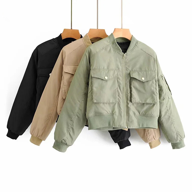 Fashion Padded Bomber Jacket Women Streetwear Long Sleeve Zipper Warm Coat Autumn Winter Casual Pockets Outerwear 210414