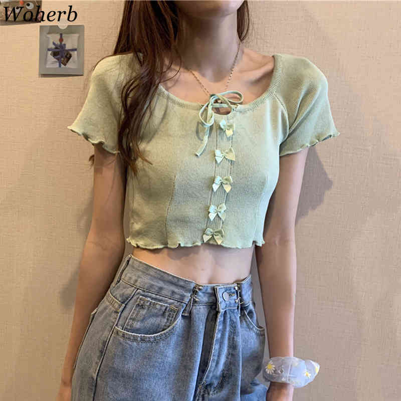 Short Sleeve Crop Top Women Thin Knitwear T-shirt Korean Chic Bow Bandage T Shirts Loose All Match Stylish Tee Tops 210422