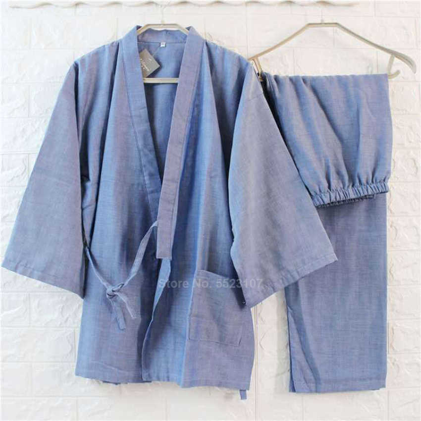 Traditional Kimono Sleepwear for Men Women Pure Cotton Loose Style Bathing Yukata Tops Trousers Pajamas Set Couple's Nightgown 210924