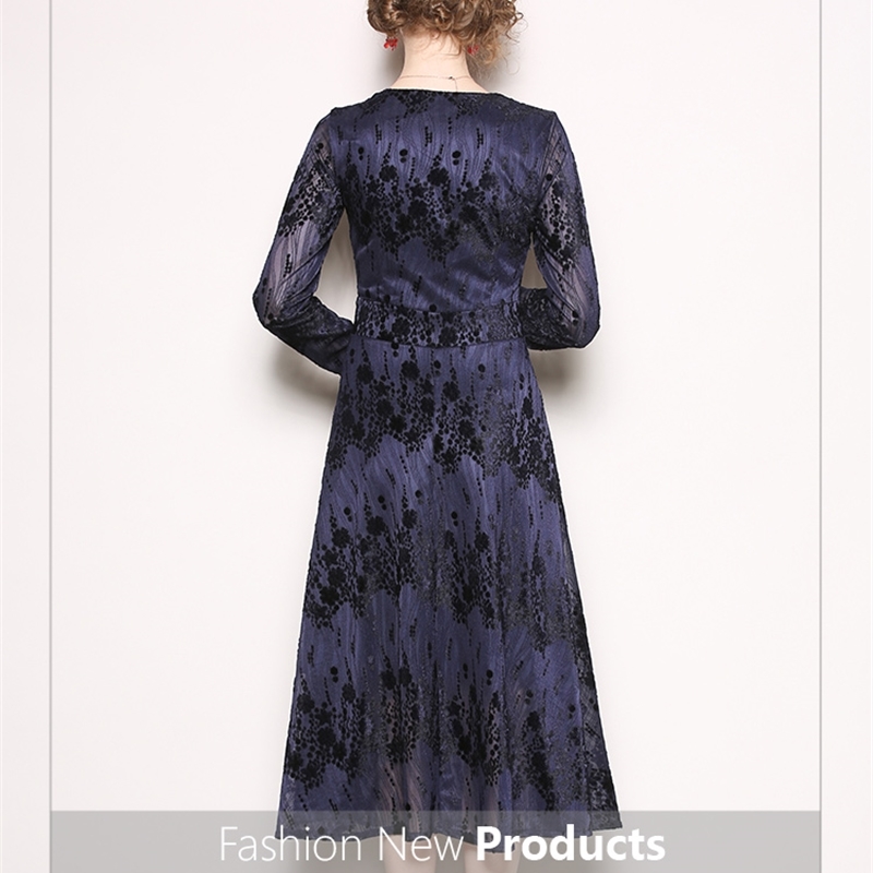 European Style Autumn And Winter Long-Sleeved Jacquard Velvet Dress Women's Sexy V-Neck Runway Dresses Vestidos 210520