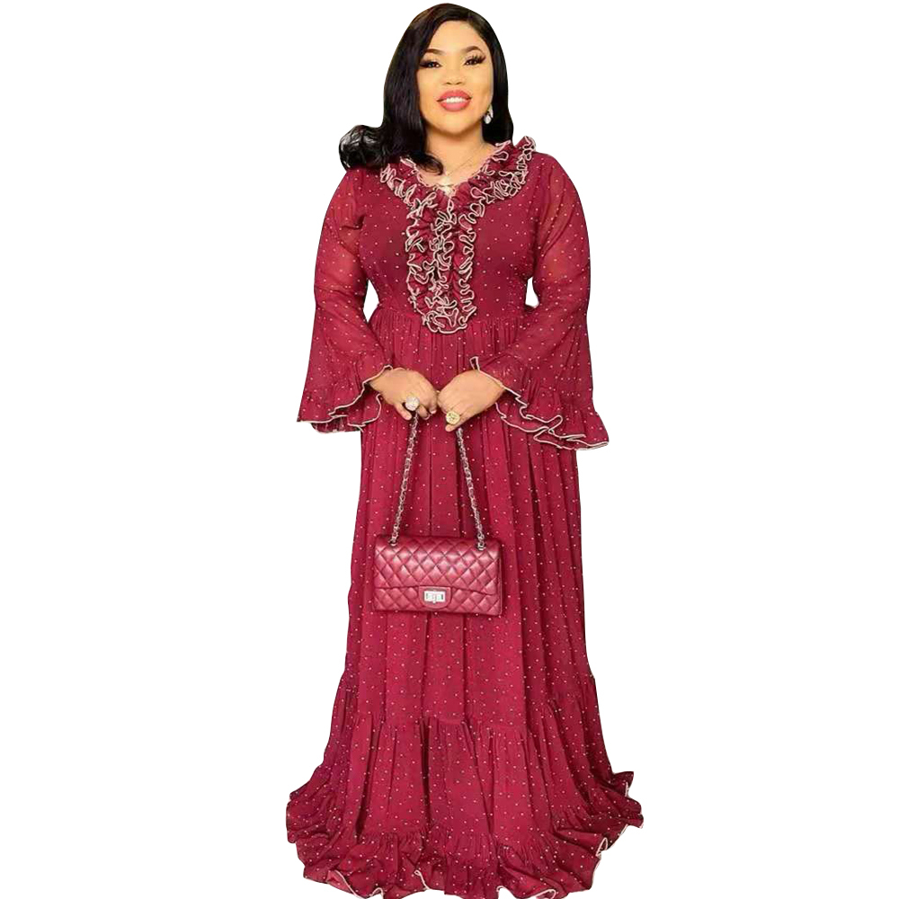 African Dresses for Women Abaya Dubai Muslim Dress Dashiki Red Appliques V Neck Long Flare Sleeve Maxi Dress Party Vestidos Robe 210408