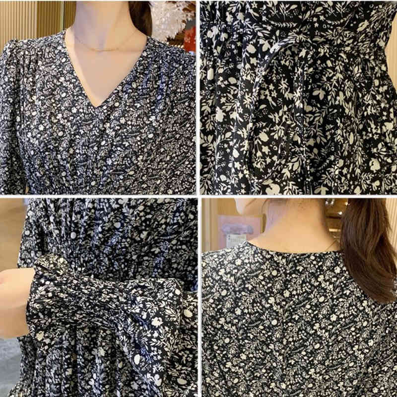 Korean A-Line V-Neck Elegant Dress Women Summer Long Sleeve Midi Chiffon Floral Party es For Vestidos 12093 210508