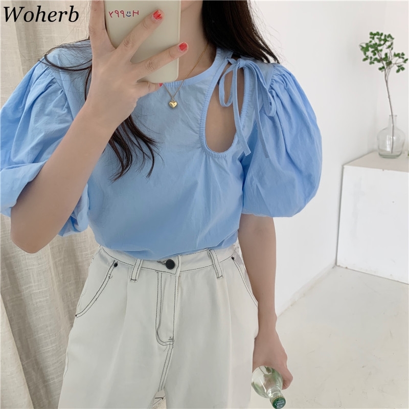 Womens Tops Chic Hollow Out Sexy Blouses O-neck Puff Sleeve Off Shoulder Shirt Loose White Blouse Blusas Mujer Moda 210519