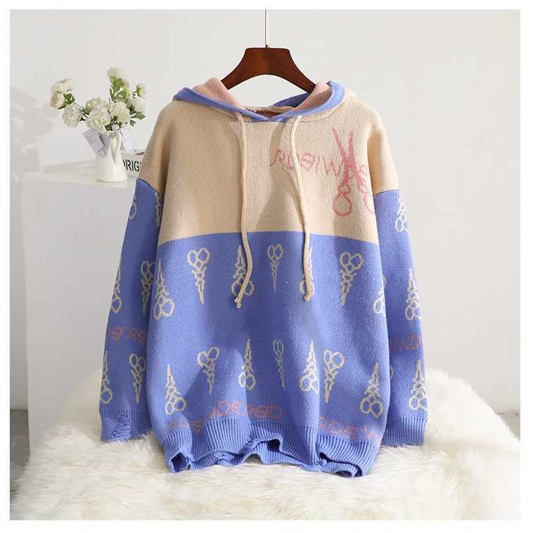 H.SA Women Hooded Sweater and Jumpers Loose Style Oversized Chic Jumpers Pull Femme Hiver Patchwork Winter Clothes Female 210716