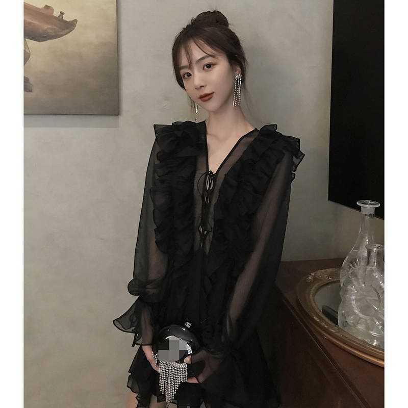 Long Sleeve summer Dres Short Party Ruffles Femme Elegant black white Ladies Chiffon Vestidos 210601
Long Sleeve summer Dres Short Party Ruffles Femme Elegant black white Ladies Chiffon Vestidos 210601