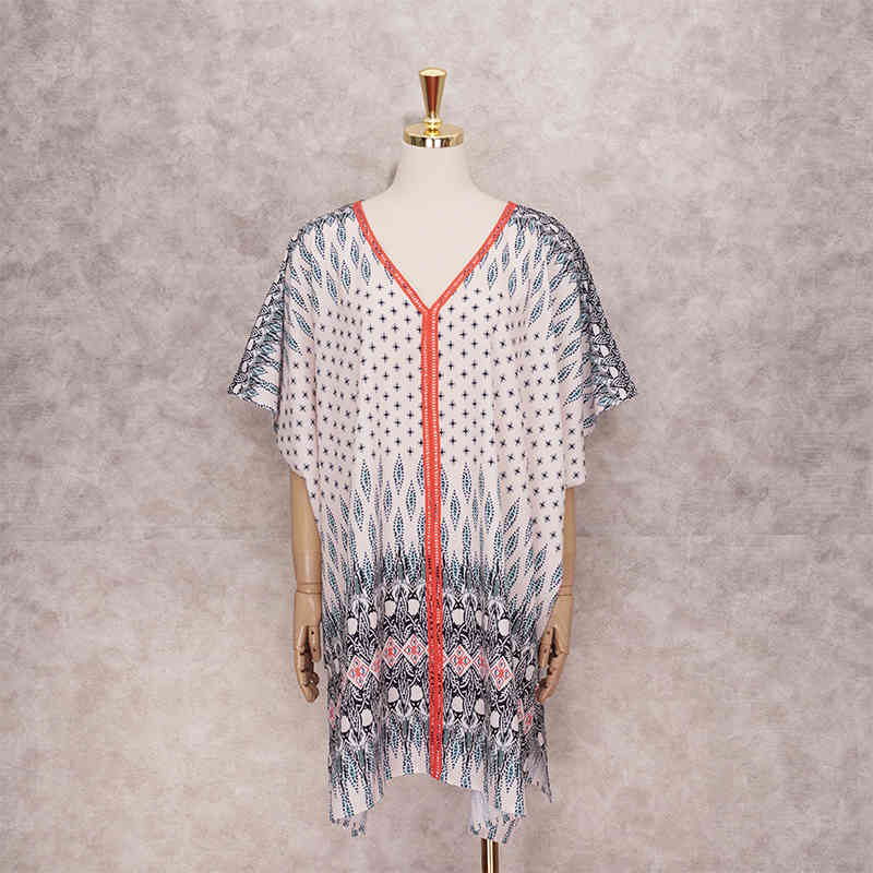 Bohemian Printed Bikini Cover-ups Plus Size V-neck Batwing Sleeve Summer Tops Women Beach Wear Swim Suit Cover Up Q1231 210420