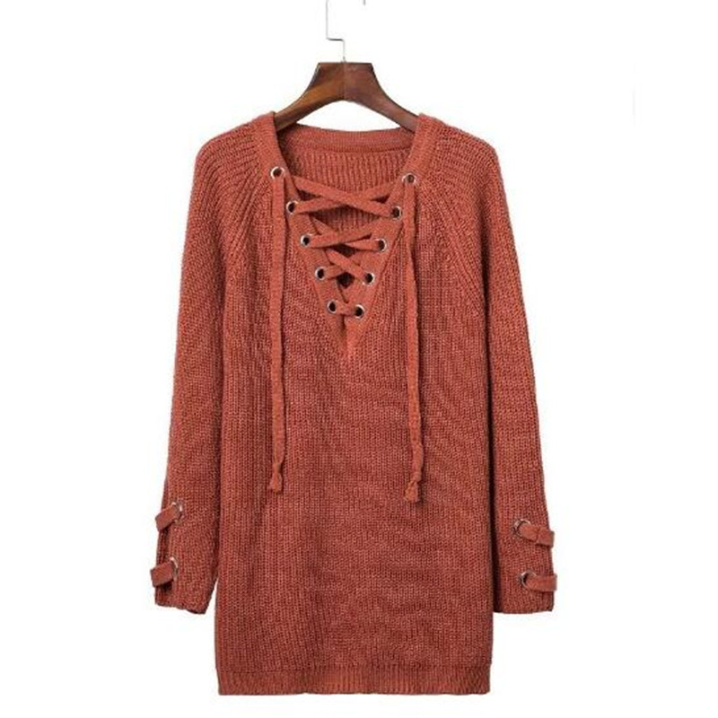 Autumn Christmas Sweater Pullovers Women Knitted Lace-up Sweaters Striped Bandage Knitwear Loose Casual Long Jumpers female 210419