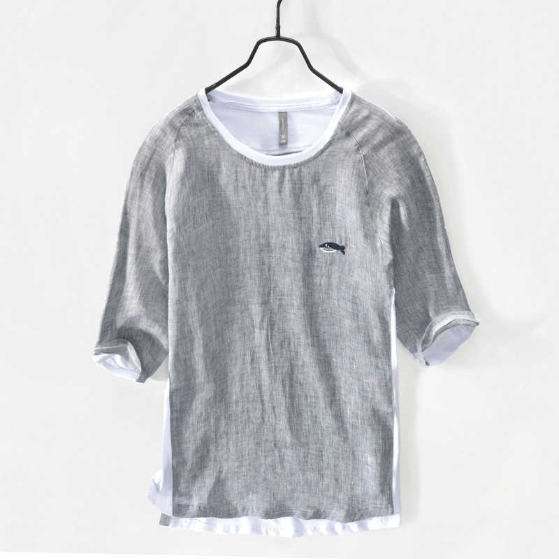Summer Cotton Linen Patchwork T Shirt For Men Chest Little Whale Embroidery Fashion Short Sleeve Tshirt Loose Tee&Tops 210721