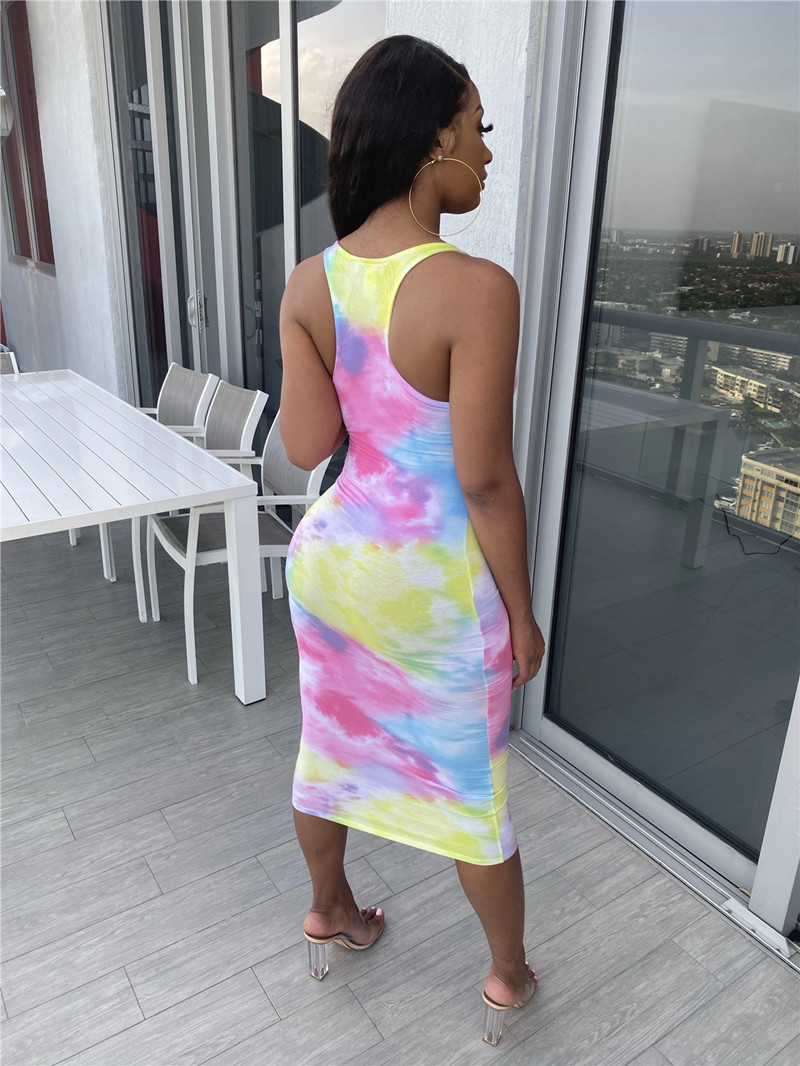 Women tie dyed Dresses Sleeveless Midi SKirts Bodycon dress Summer Clothing Plus size S-2XL colorful long skirt skinny packaged hip skirtss 4787