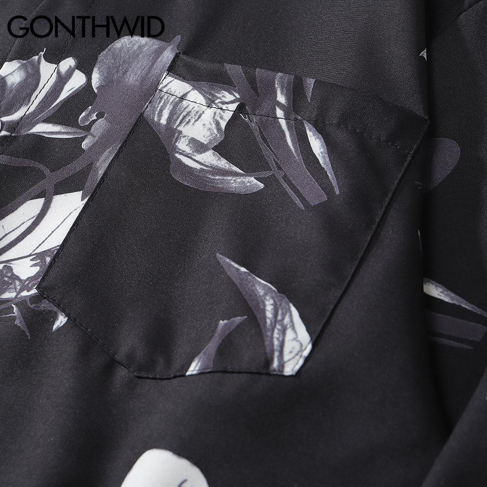 GONTHWID Hawaiian Beach Shirts Graffiti Flowers Print Long Sleeve Button Shirts Hip Hop Casual Harajuku Holiday Party Blouse 210410