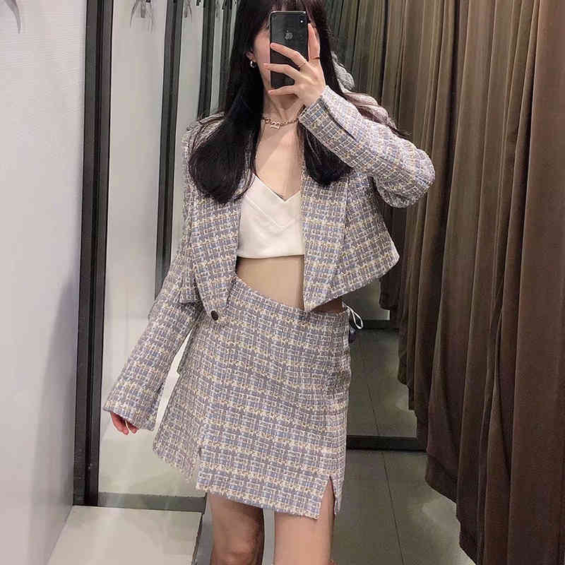 Women Fashion Hidden Button Tweed Cropped Blazer Coat Vintage Long Sleeve Female Outerwear Chic Veste Femme 210521