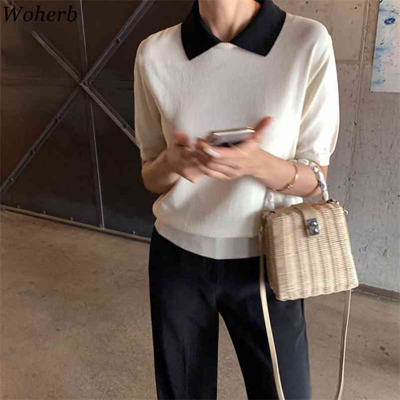 Summer Korean Tees Short Sleeve Knitted T Shirt Temperament Turn Down Collar Shirts Vintage Stripe Casual Tops Mujer 210519