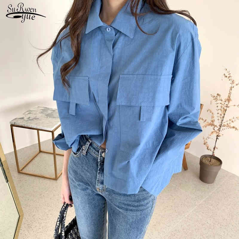 Women Chic Elegant Office Tops Simply Solid Double Pockets Patch Casual Loose Blue White Blouse Shirts Blusas Mujer 12407 210521
Women Chic Elegant Office Tops Simply Solid Double Pockets Patch Casual Loose Blue White Blouse Shirts Blusas Mujer 12407 210521