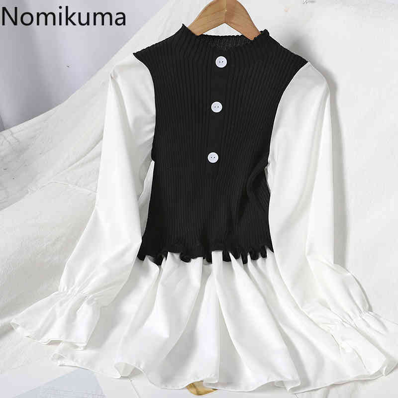 Nomikuma Knitted Patchwork Pullover Women Blouse Korean Buttons Long Sleeve O-neck Shirt Spring New Blusas Feminimos 6D989 210427