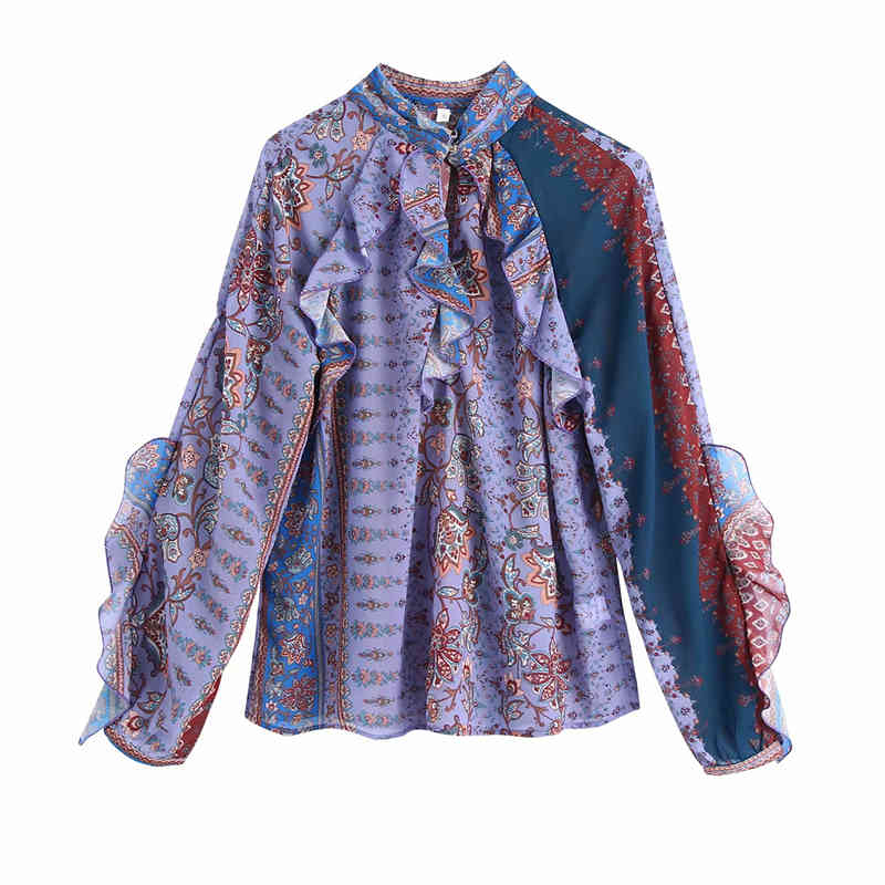 Vintage Women Chiffon Ruffles Shirts Fashion Ladies O-Neck Loose Tops Causal Female Boho Print Patchwork Blouses 210430