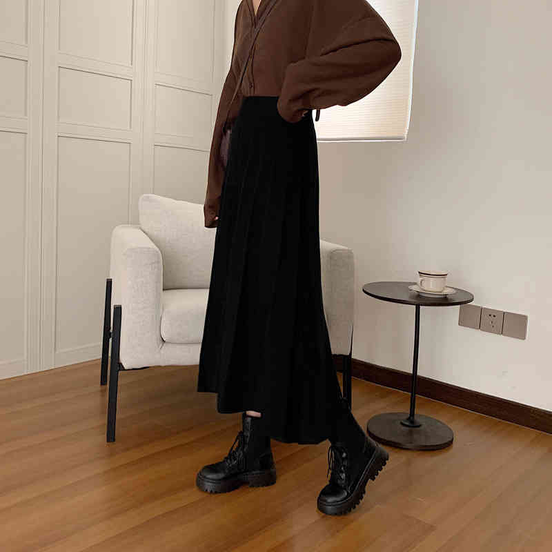 Nomikuma Autumn Winter Knitted Women Skirt Korean High Waist Pleated A-line Sweater Skirts Causal Faldas Mujer Moda 6D351 210427