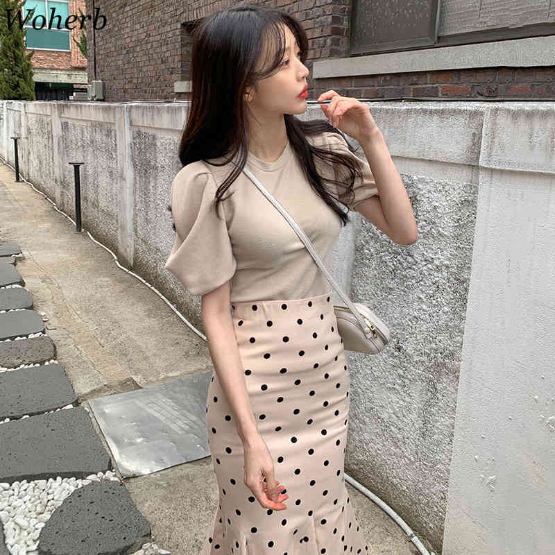 Korean Suit Simple O-Neck Puff Sleeve Tops High Waist Polka Dot Bodycon Fishtail Skirt Femme Roupas Two Piece Sets Women 210422