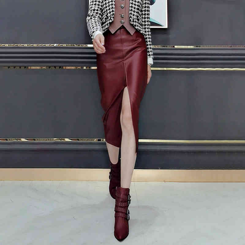 PU Leather skirt for women high waist front split solid slim midi skirts female autumn fashion clothes style 210521