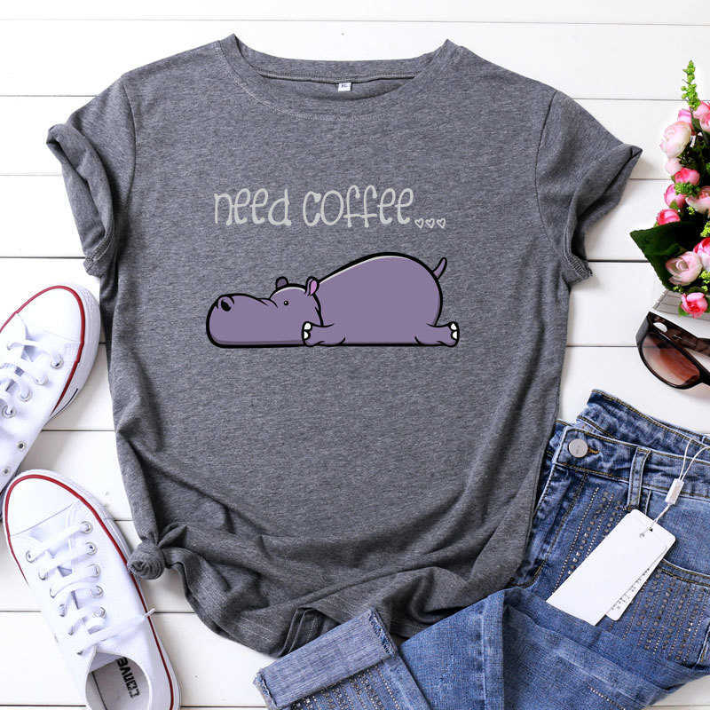 Fashion 100% Cotton Women T-Shirt Casual Loose O-Neck Short Sleeve Lazy Cartoon Need Coffee Summer Ladie Tees Top W873 210526