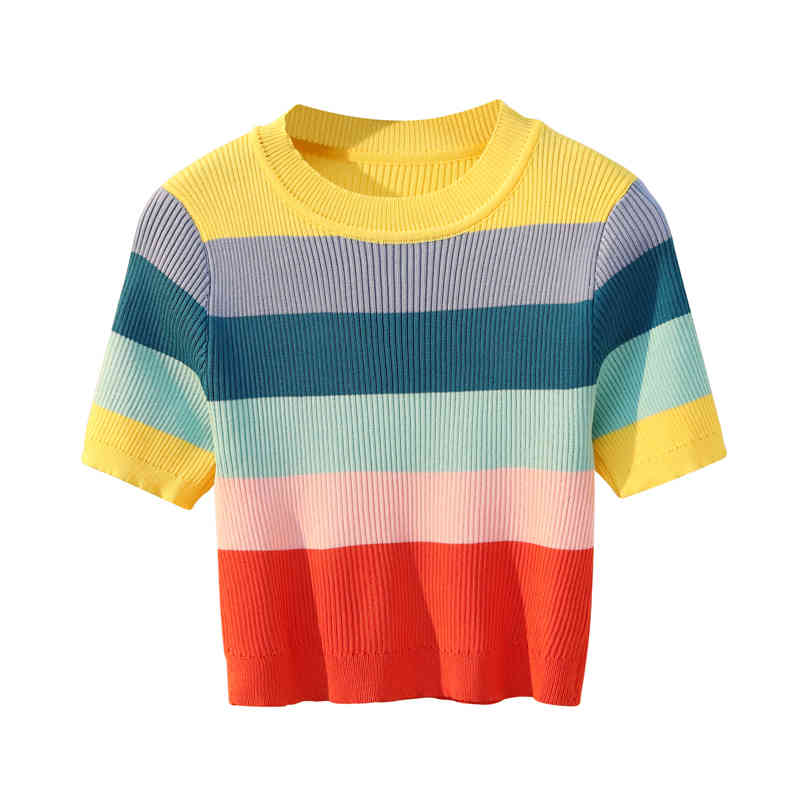 HELIAR Plain Tee Women Knitted Strips O-Neck T-shirts Women Summer Short Sleeve Casual Street Outwear Crop TEES For Women Tops 210406