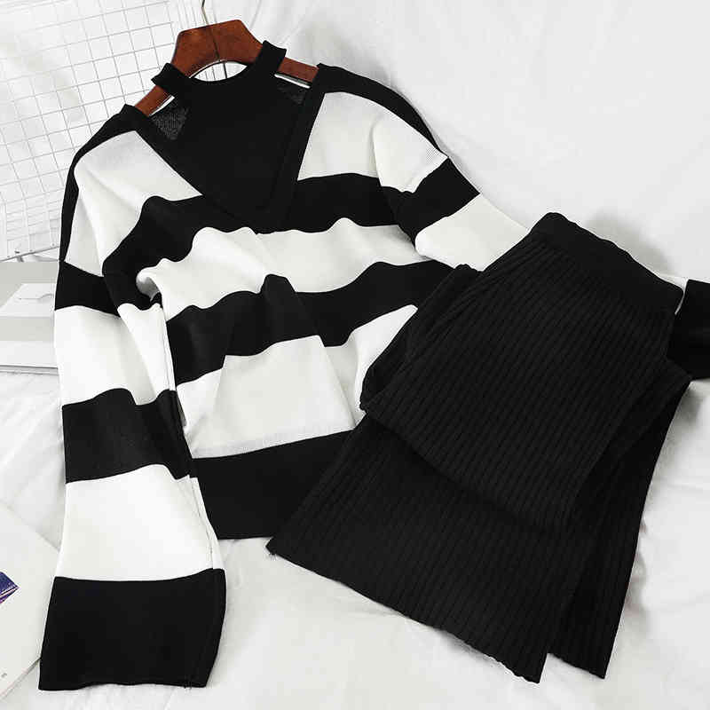 2PCS Set Women Knitted Pullovers Sweater Halter Stripe Knit Jumper Tops + Wide Leg Long Pants Suits Tracksuits 210506